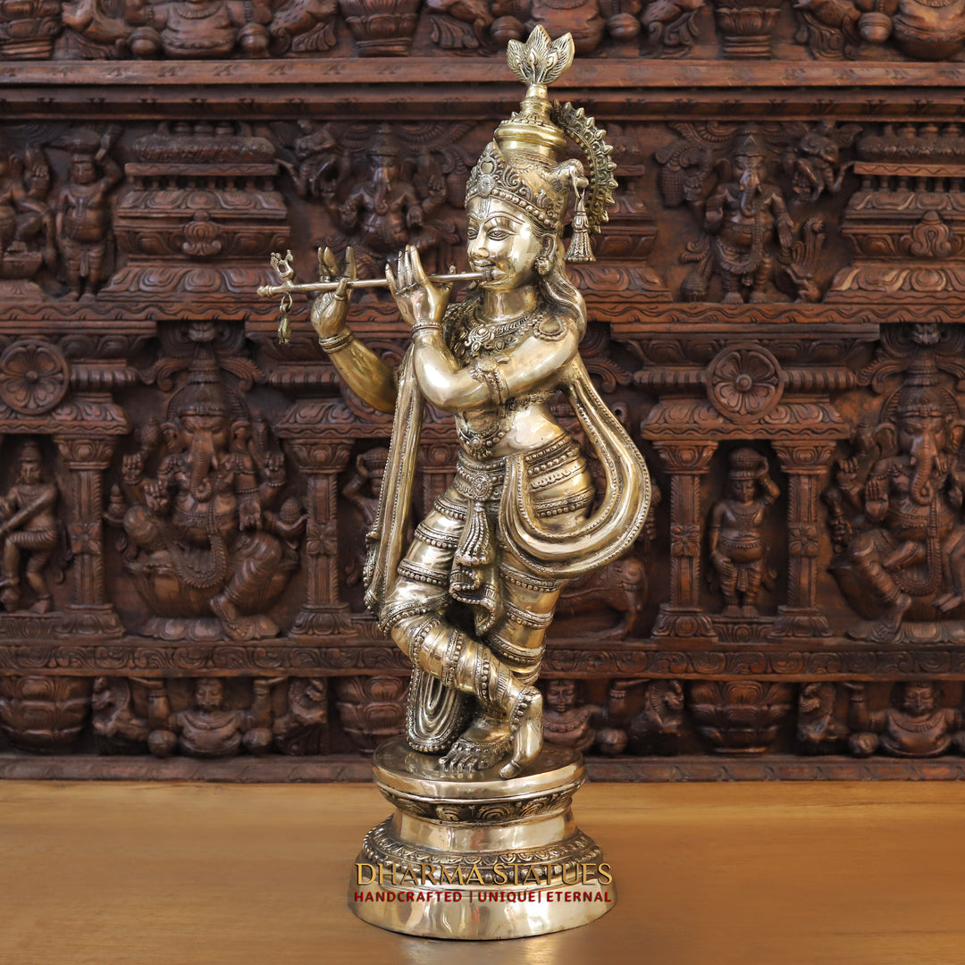 Brass Lord Krishna Idol, Standing on a Base, Fine Golden Finish 36.5"