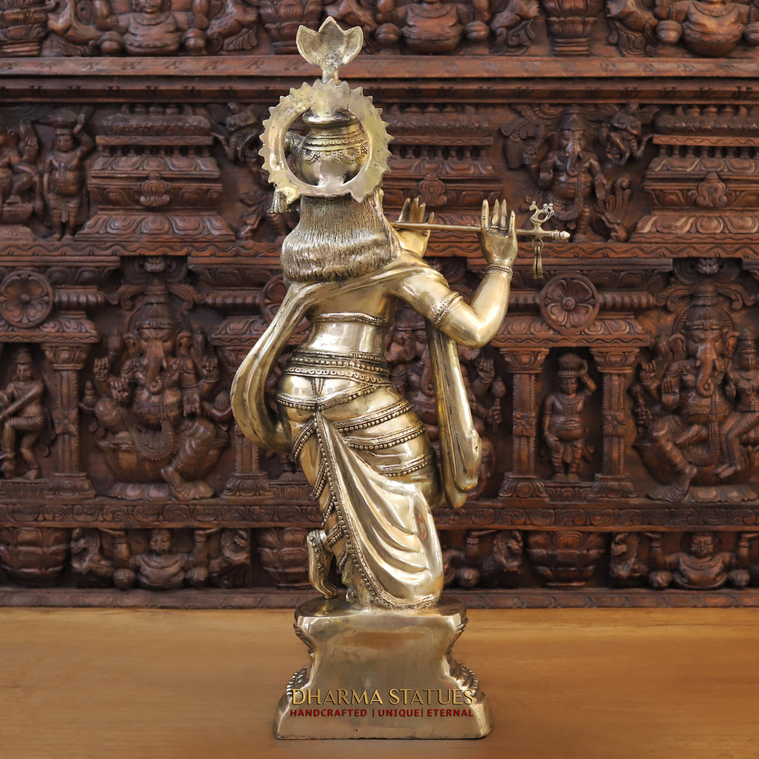 Brass Lord Krishna Idol, Standing on a Base, Fine Golden Finish 36.5"