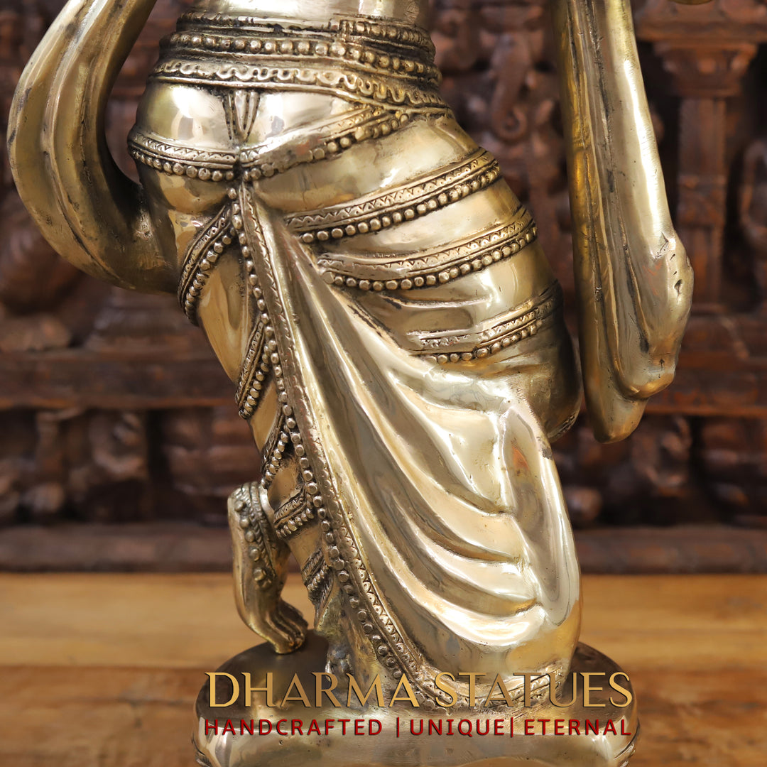 Brass Lord Krishna Idol, Standing on a Base, Fine Golden Finish 36.5"