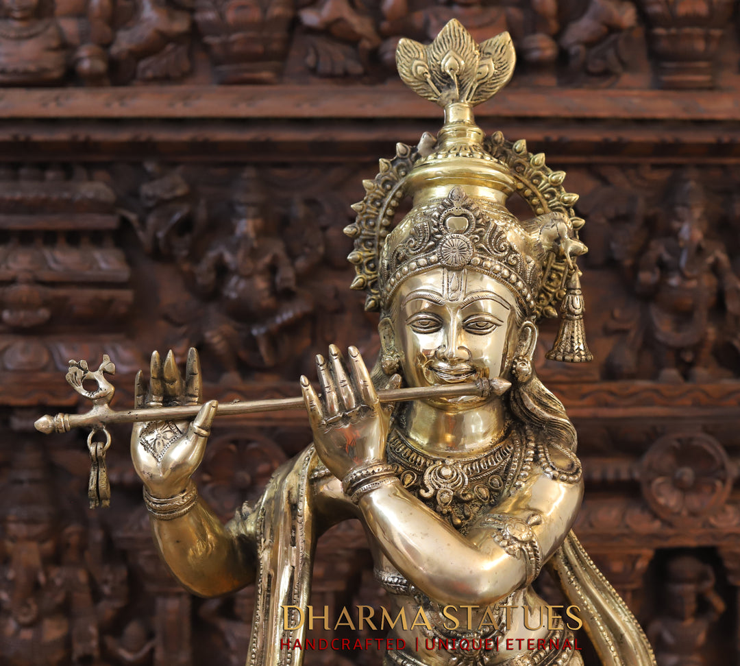 Brass Radha Krishna Statue, Playing Flute, Antique Golden Finish 36.5"