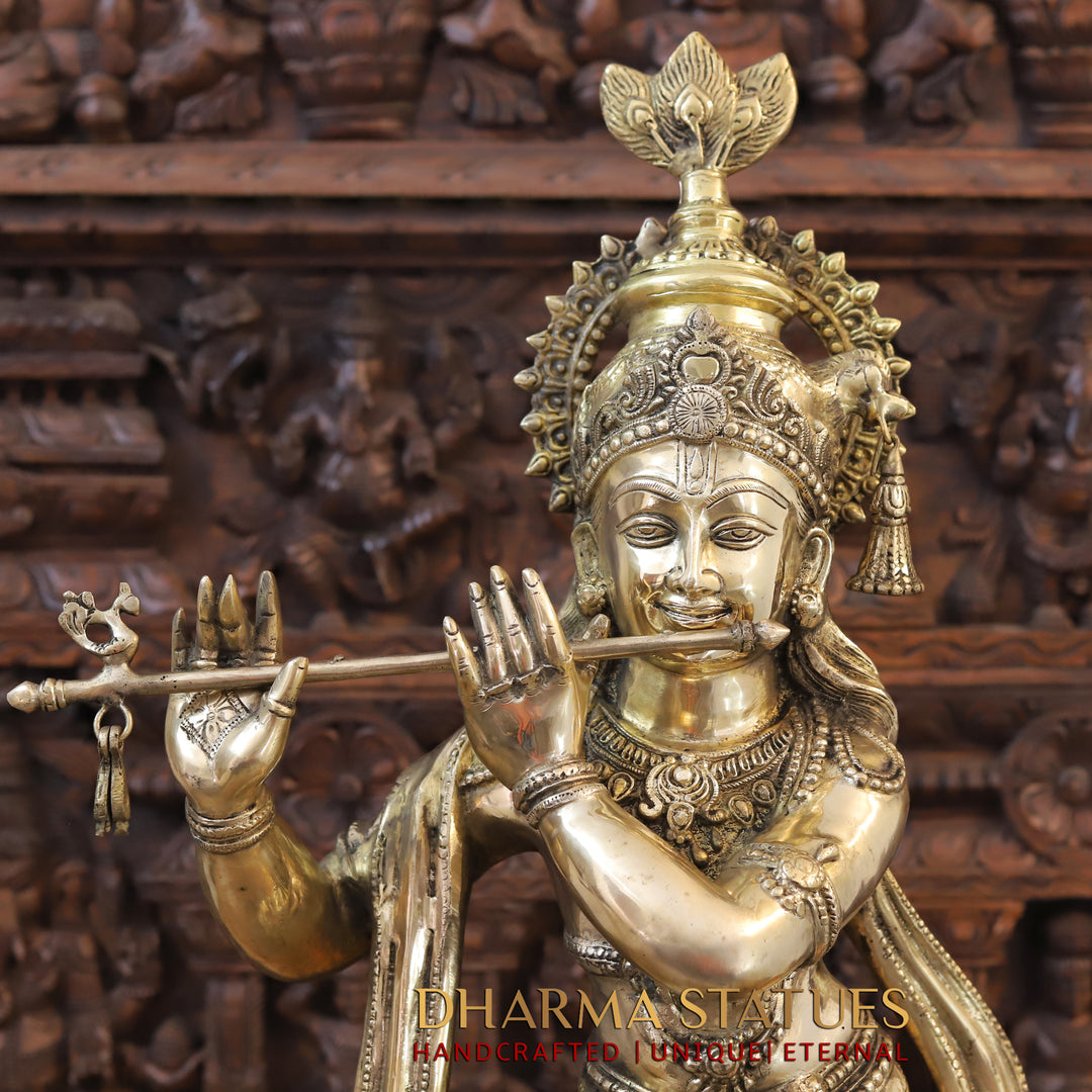 Brass Lord Krishna Idol, Standing on a Base, Fine Golden Finish 36.5"