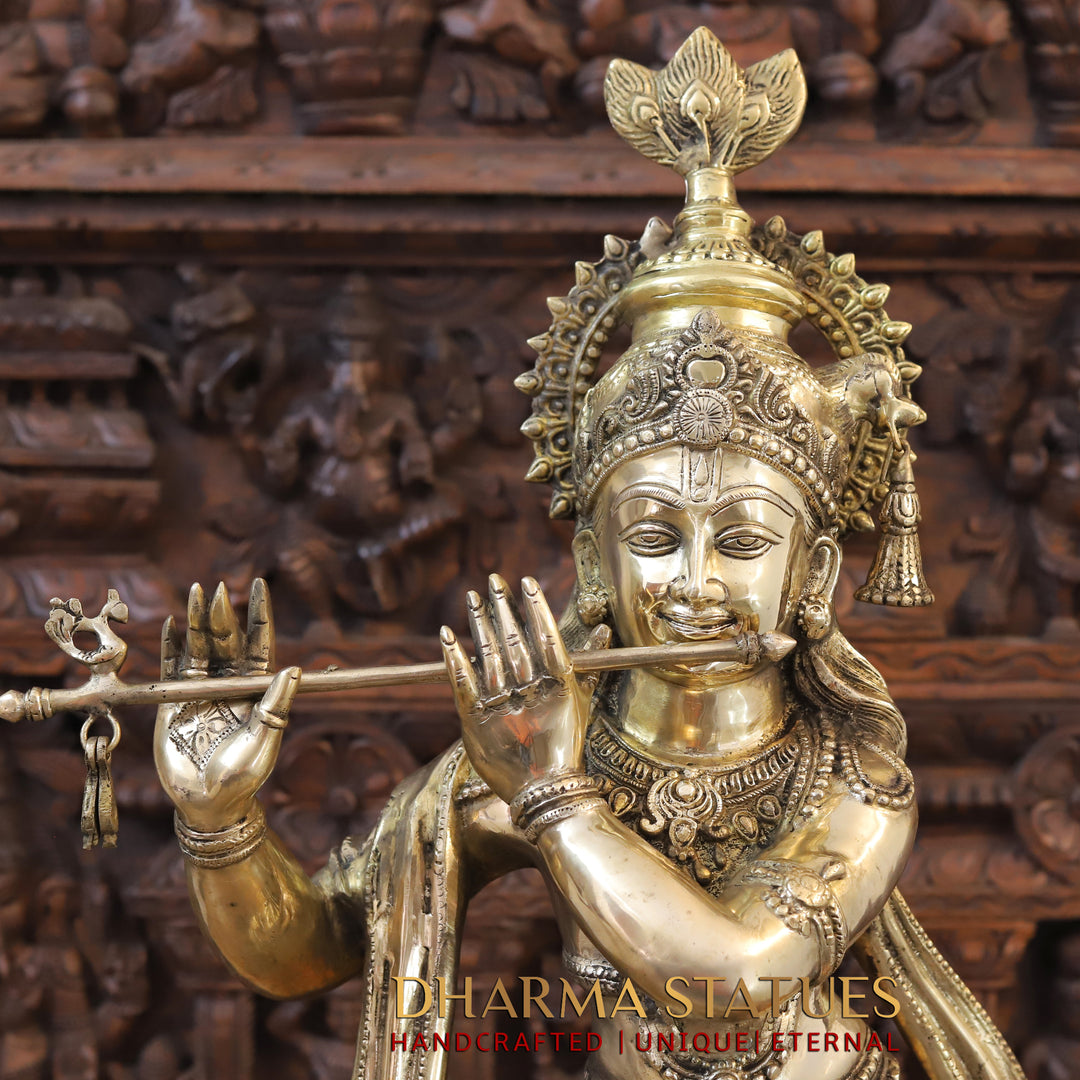 Brass Lord Krishna Idol, Standing on a Base, Fine Golden Finish 36.5"