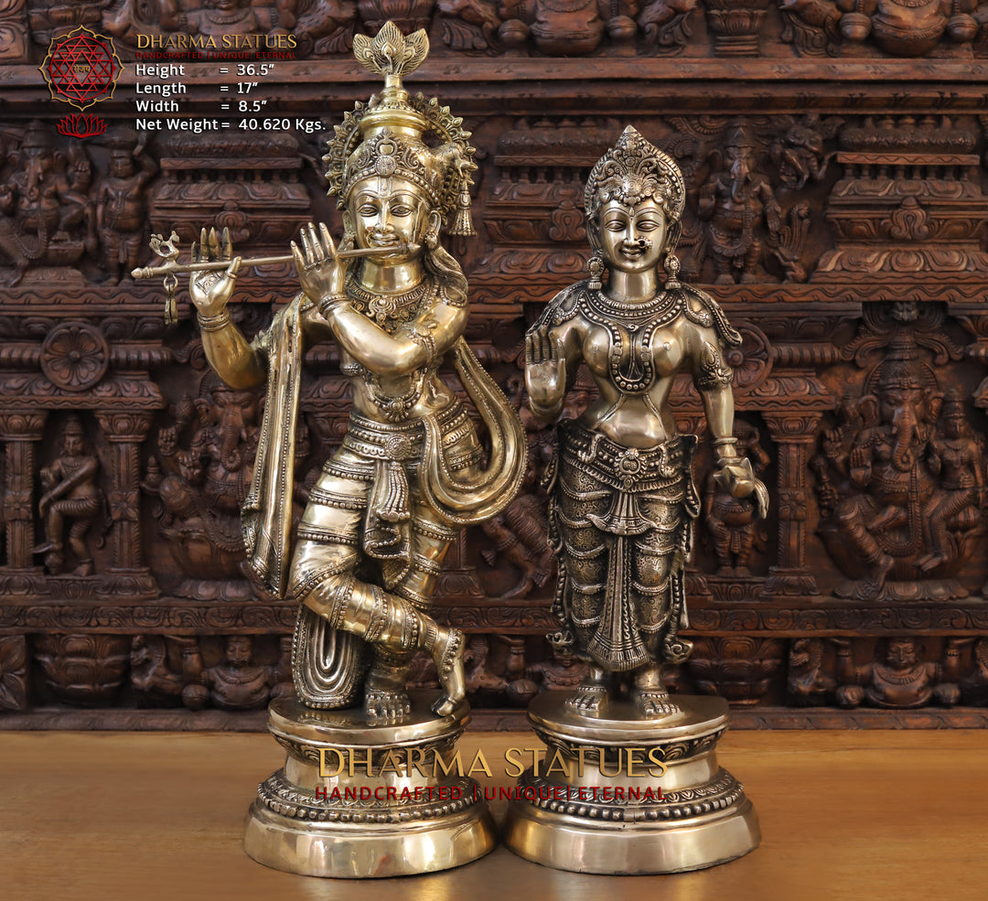 Brass Radha Krishna Statue, Krishna Playing Flute Besides Radha, Golden Finish 36.5" Front View