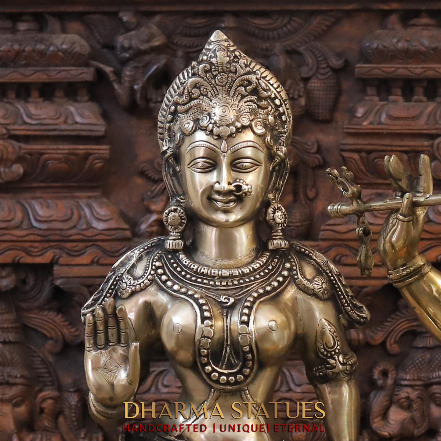 Brass Radha & Krishna Playing Flute, Fine Golden Finish, 36.5"