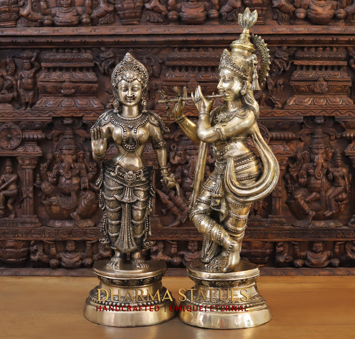 Brass Radha Krishna Statue, Playing Flute, Antique Golden Finish 36.5"