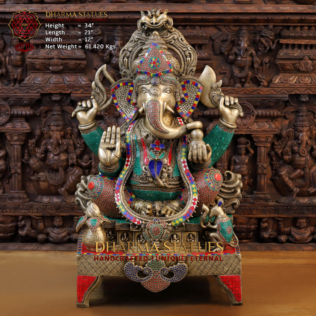 Brass Ganesh Idol, Blessing Ganesha Seated on Chowki, Fine Golden and Stone work 34"