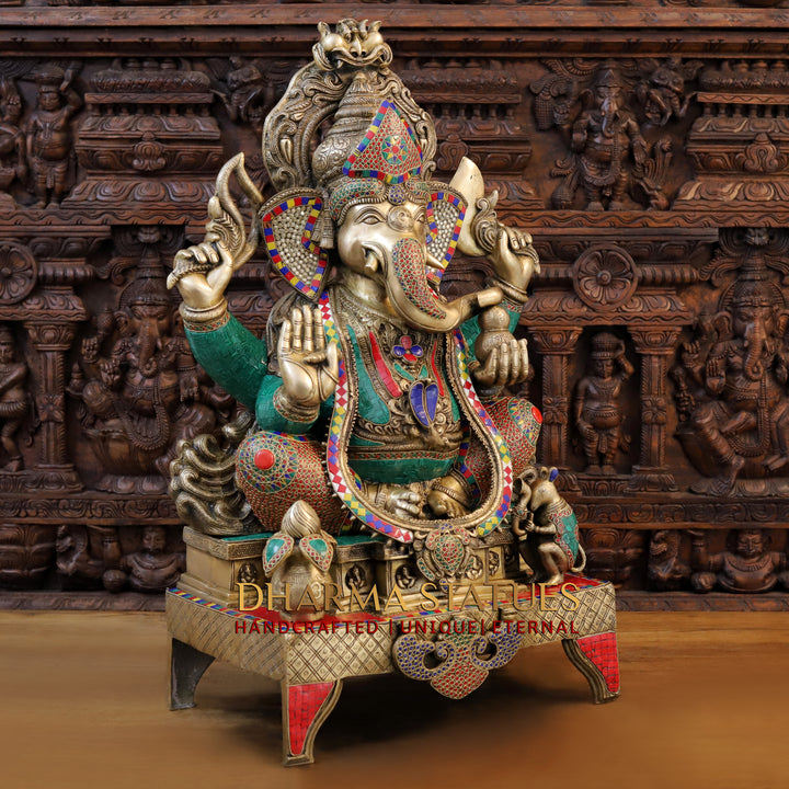 Brass Ganesh Seated on Chowki Base With kalash And Musical Rat, Fine Golden and Stone work 34"