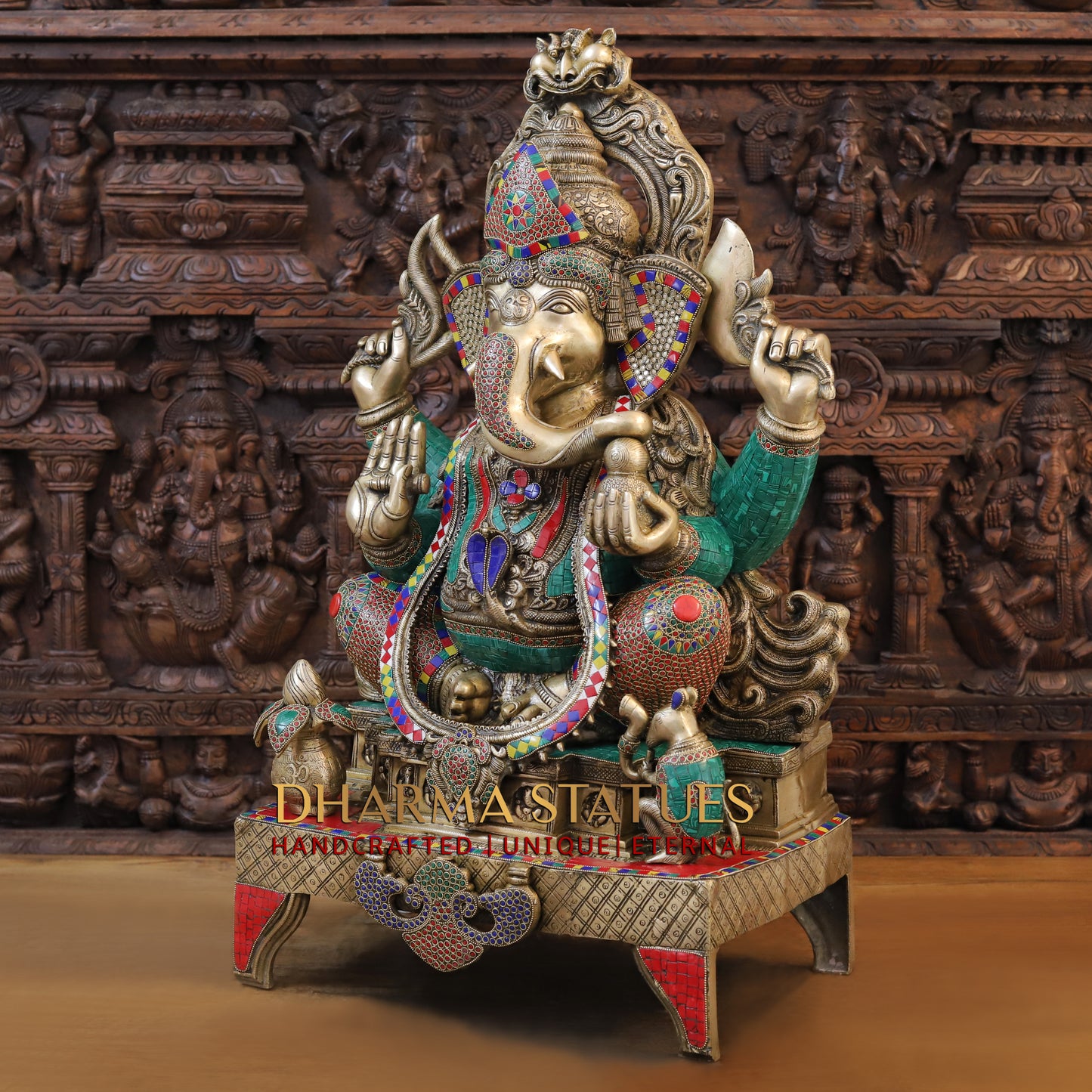 Brass Ganesh Seated on Chowki Base With kalash And Musical Rat, Fine Golden and Stone work 34