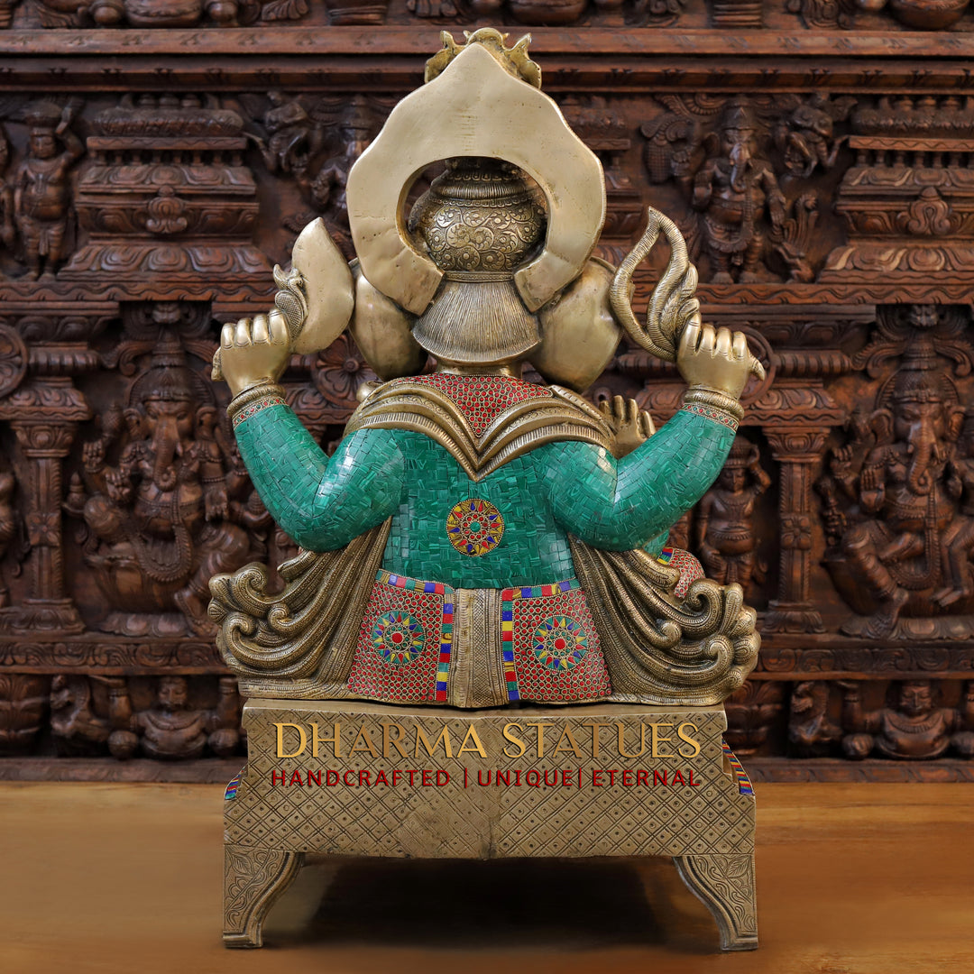 Brass Ganesh Seated on Chowki Base With kalash And Musical Rat, Fine Golden and Stone work 34"