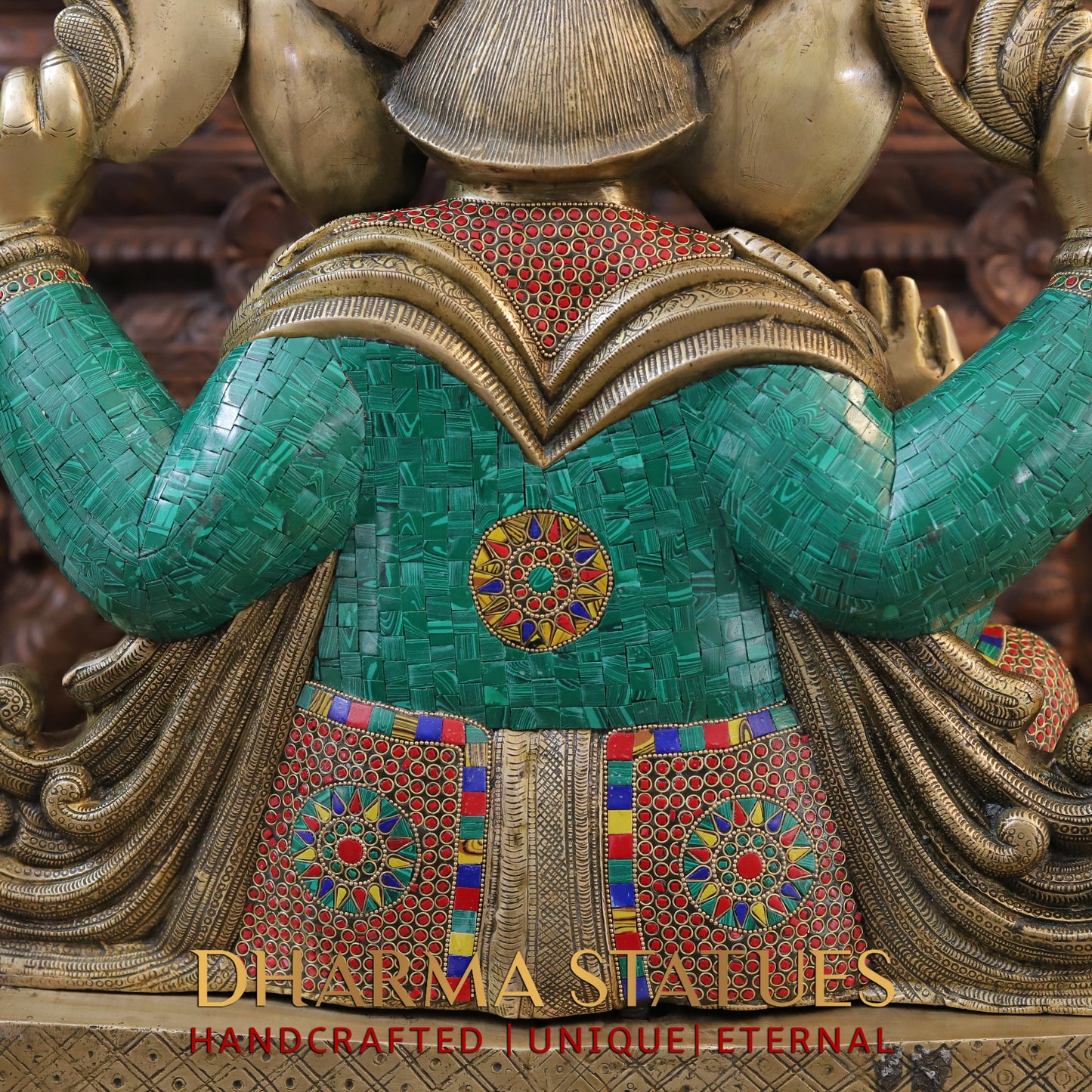 Brass Ganesh Seated on Chowki Base With kalash And Musical Rat, Fine Golden and Stone work 34