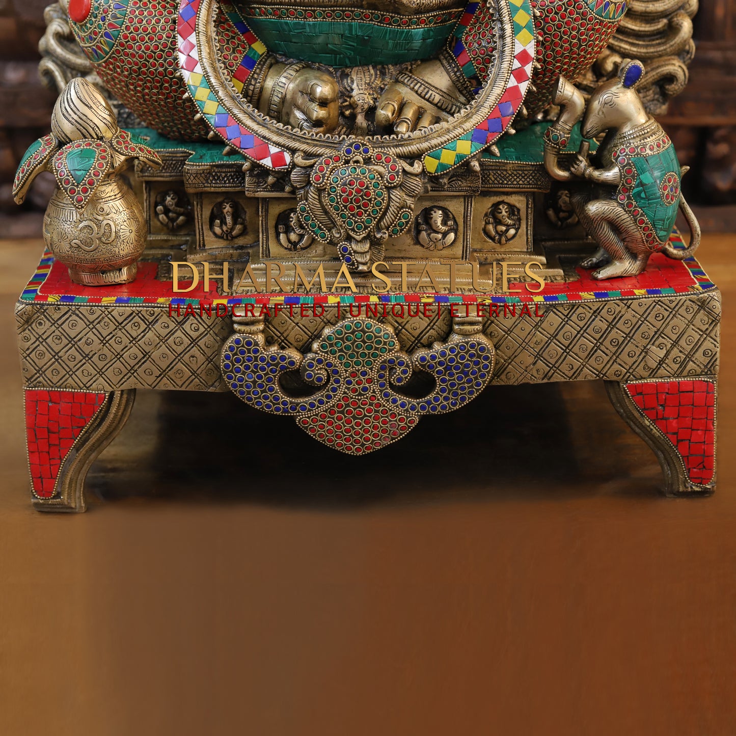 Brass Ganesh Seated on Chowki Base With kalash And Musical Rat, Fine Golden and Stone work 34