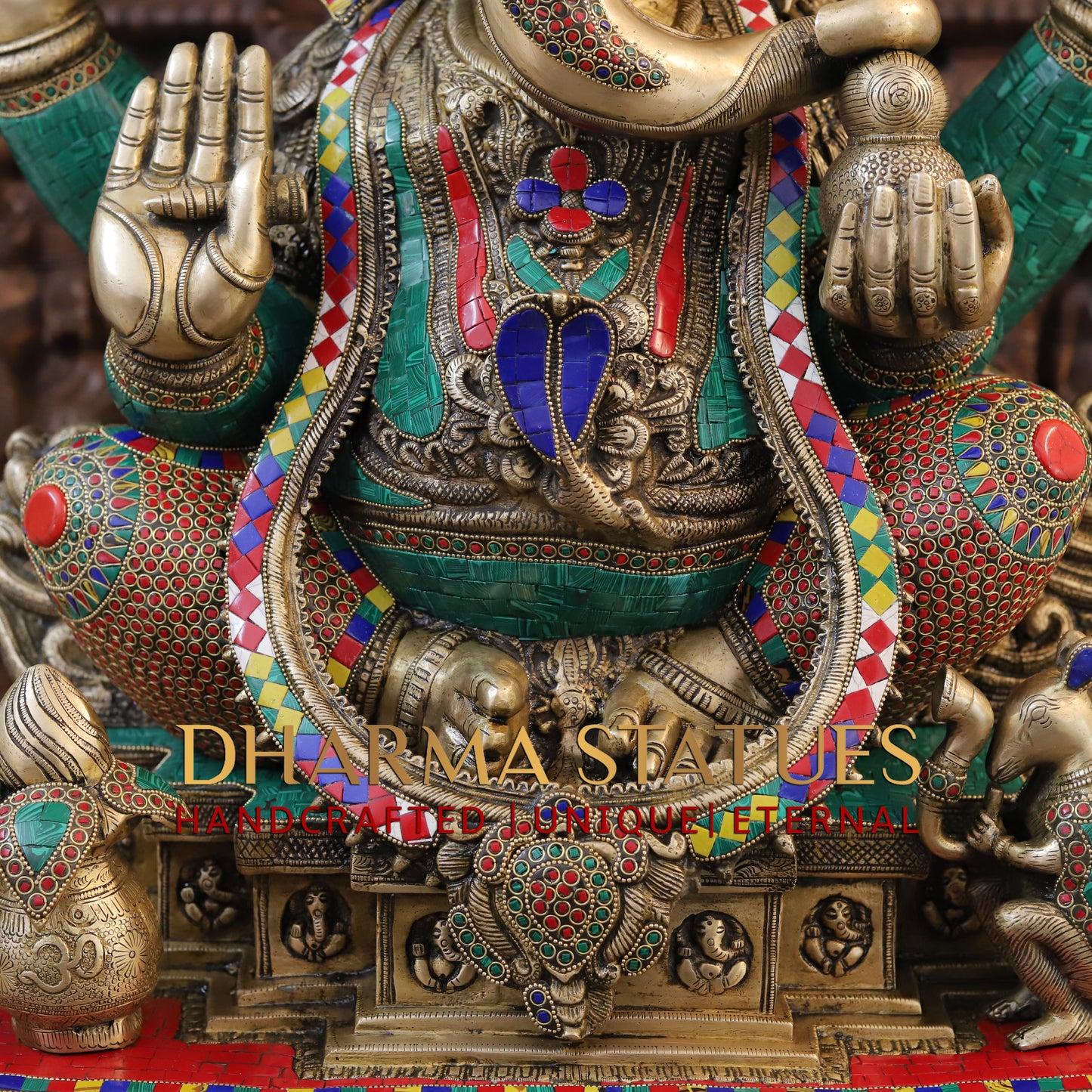 Brass Ganesh Seated on Chowki Base With kalash And Musical Rat, Fine Golden and Stone work 34