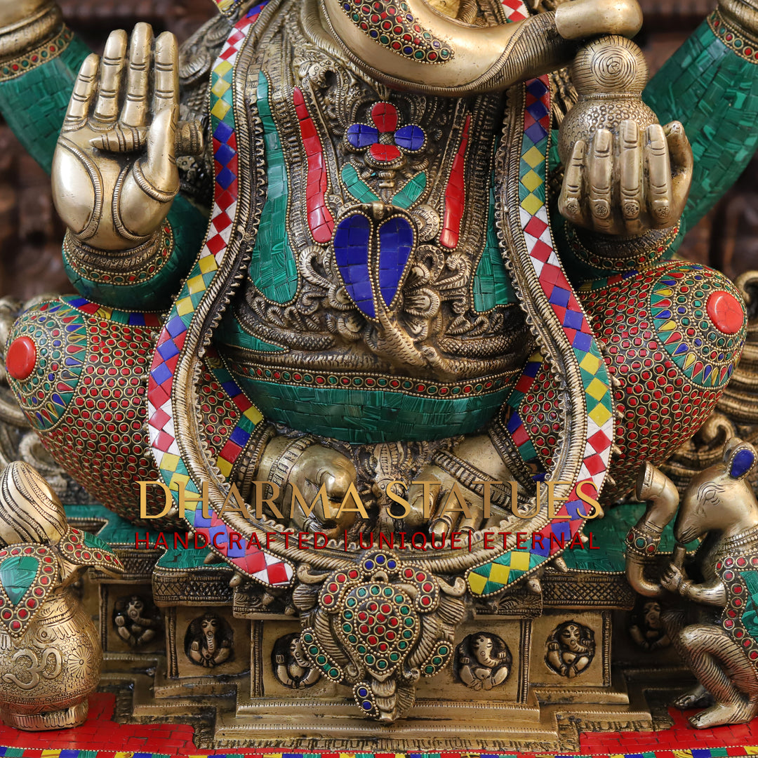 Brass Ganesh Seated on Chowki Base With kalash And Musical Rat, Fine Golden and Stone work 34"