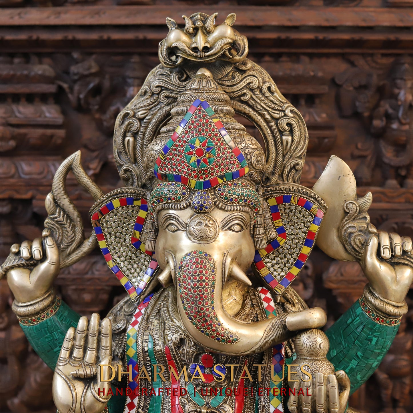 Brass Ganesh Seated on Chowki Base With kalash And Musical Rat, Fine Golden and Stone work 34