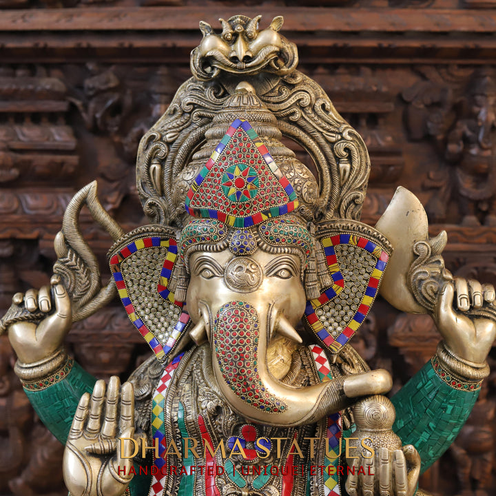 Brass Ganesh Seated on Chowki Base With kalash And Musical Rat, Fine Golden and Stone work 34"