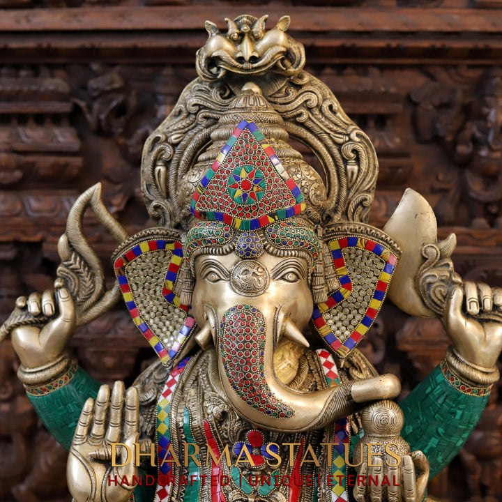 Brass Ganesh Seated on Chowki Base With kalash And Musical Rat, Fine Golden and Stone work 34"