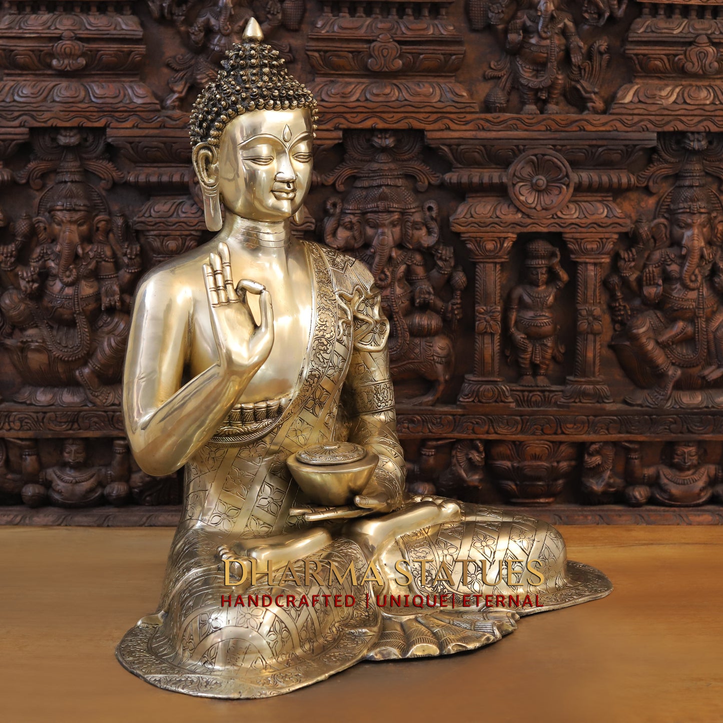 Brass Buddha seated in Blessing Posture, Golden Finish, 29.5"
