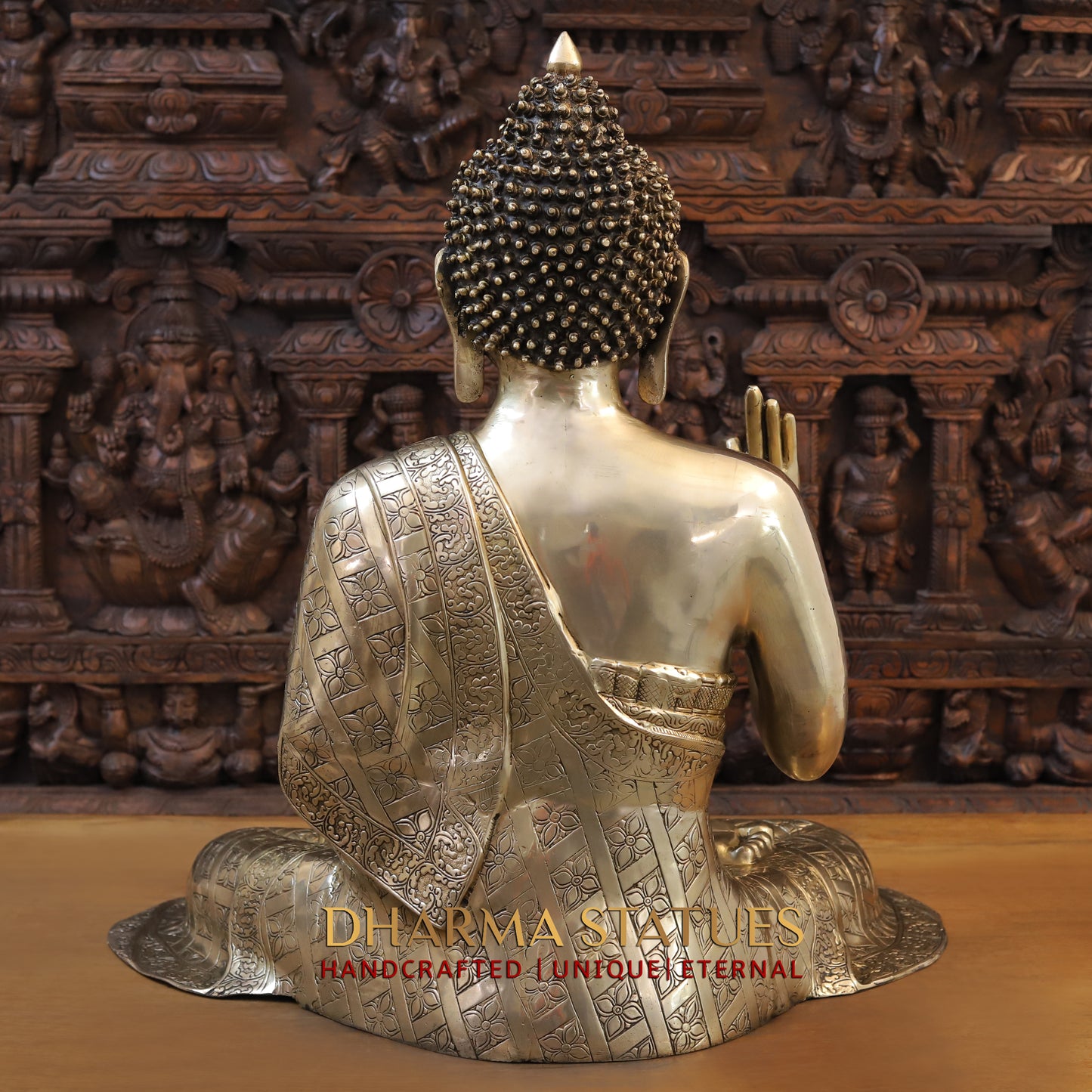 Brass Buddha seated in Blessing Posture, Golden Finish, 29.5"