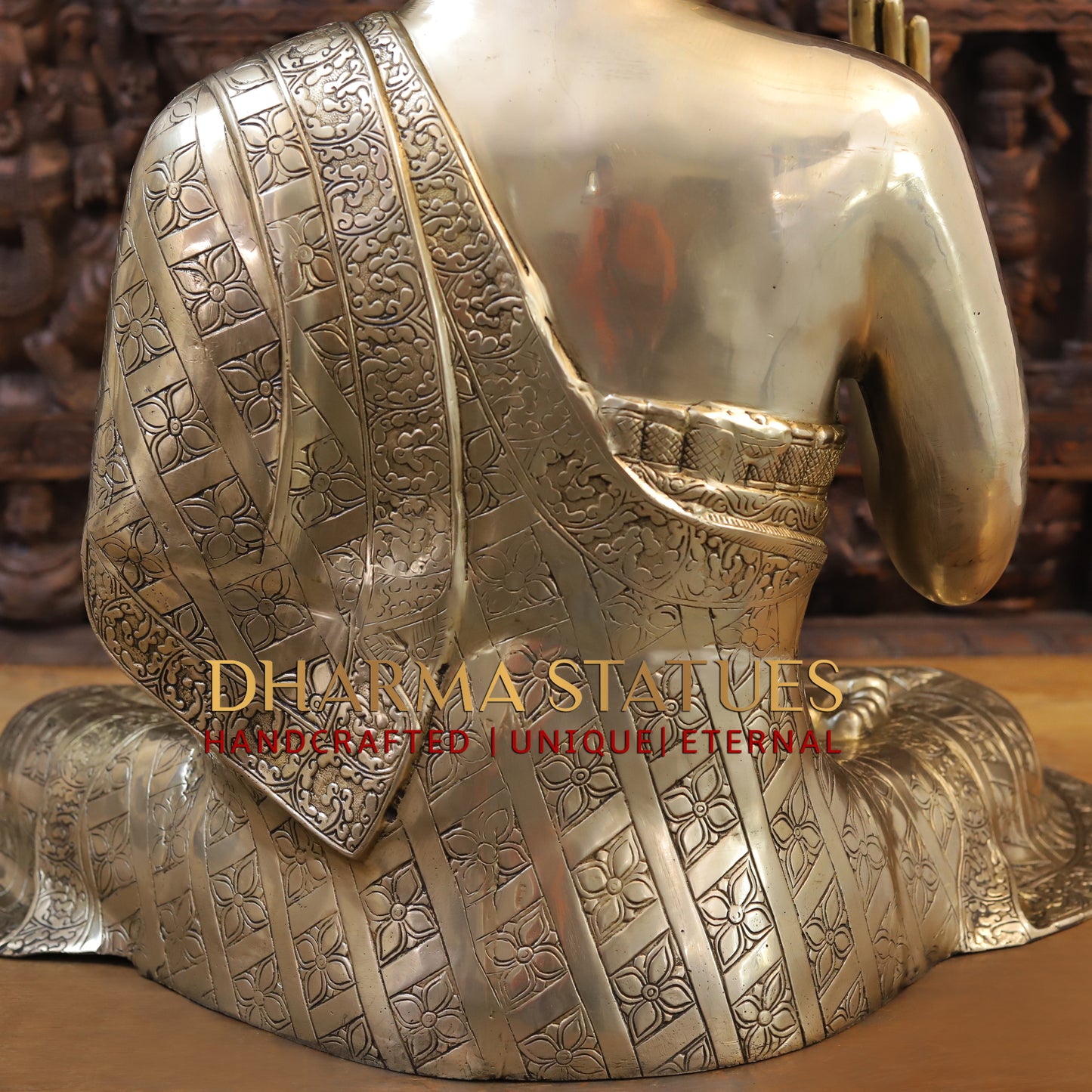 Brass Buddha seated in Blessing Posture, Golden Finish, 29.5"