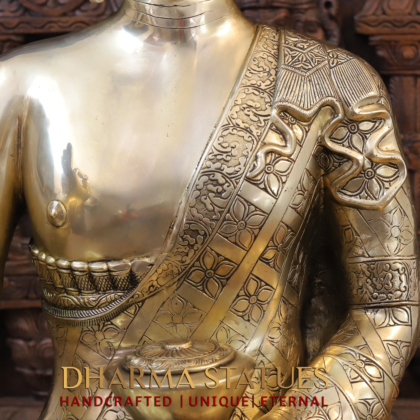 Brass Buddha seated in Blessing Posture, Golden Finish, 29.5"
