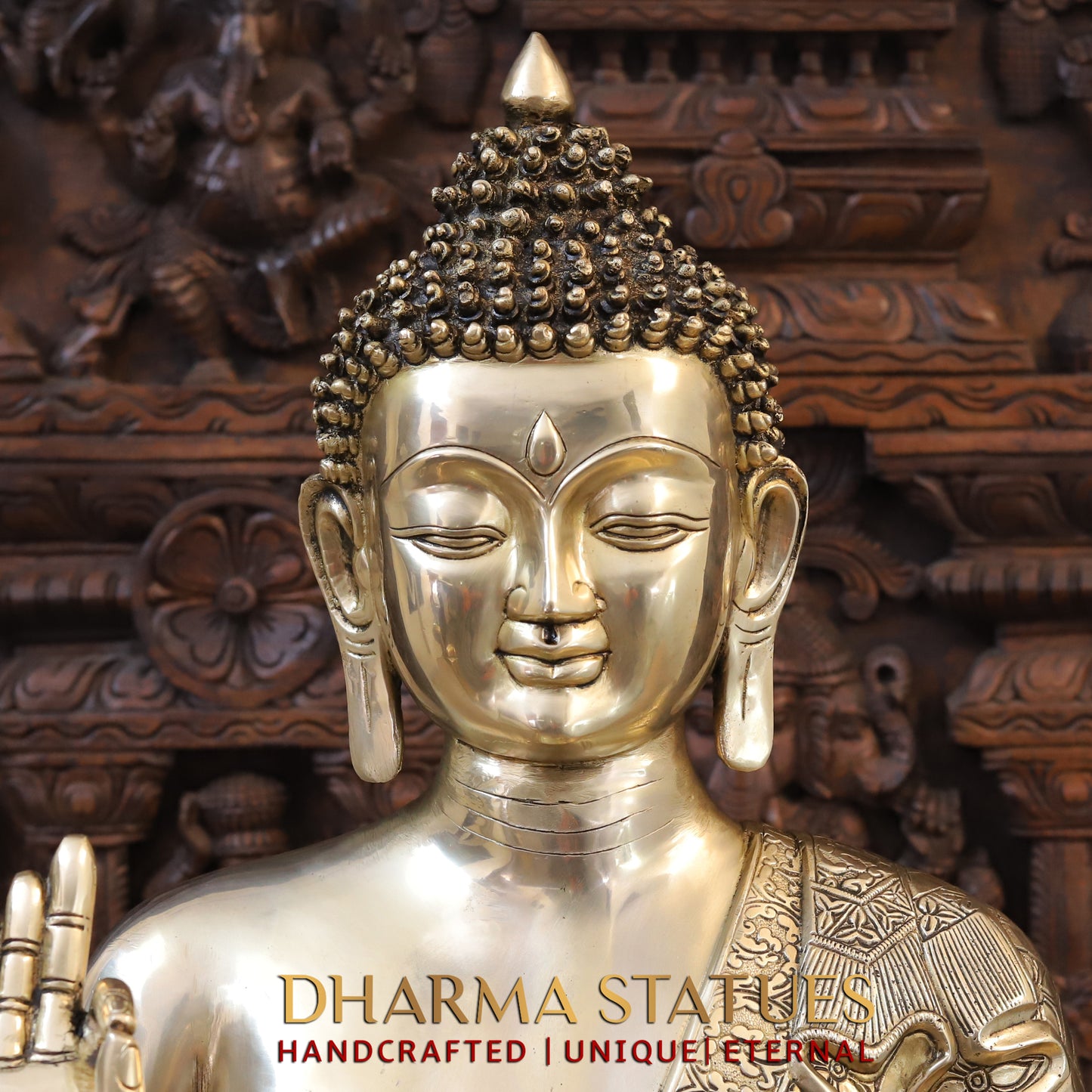 Brass Buddha seated in Blessing Posture, Golden Finish, 29.5"