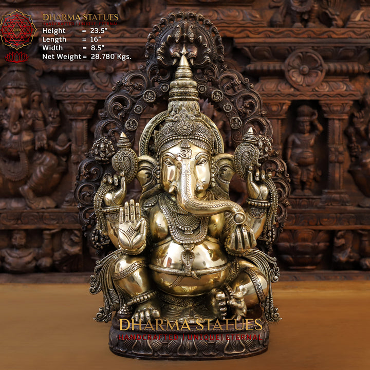 Brass Ganesh Idol, Seated on Pedestal, Fine Golden Finish 23.5" Front View