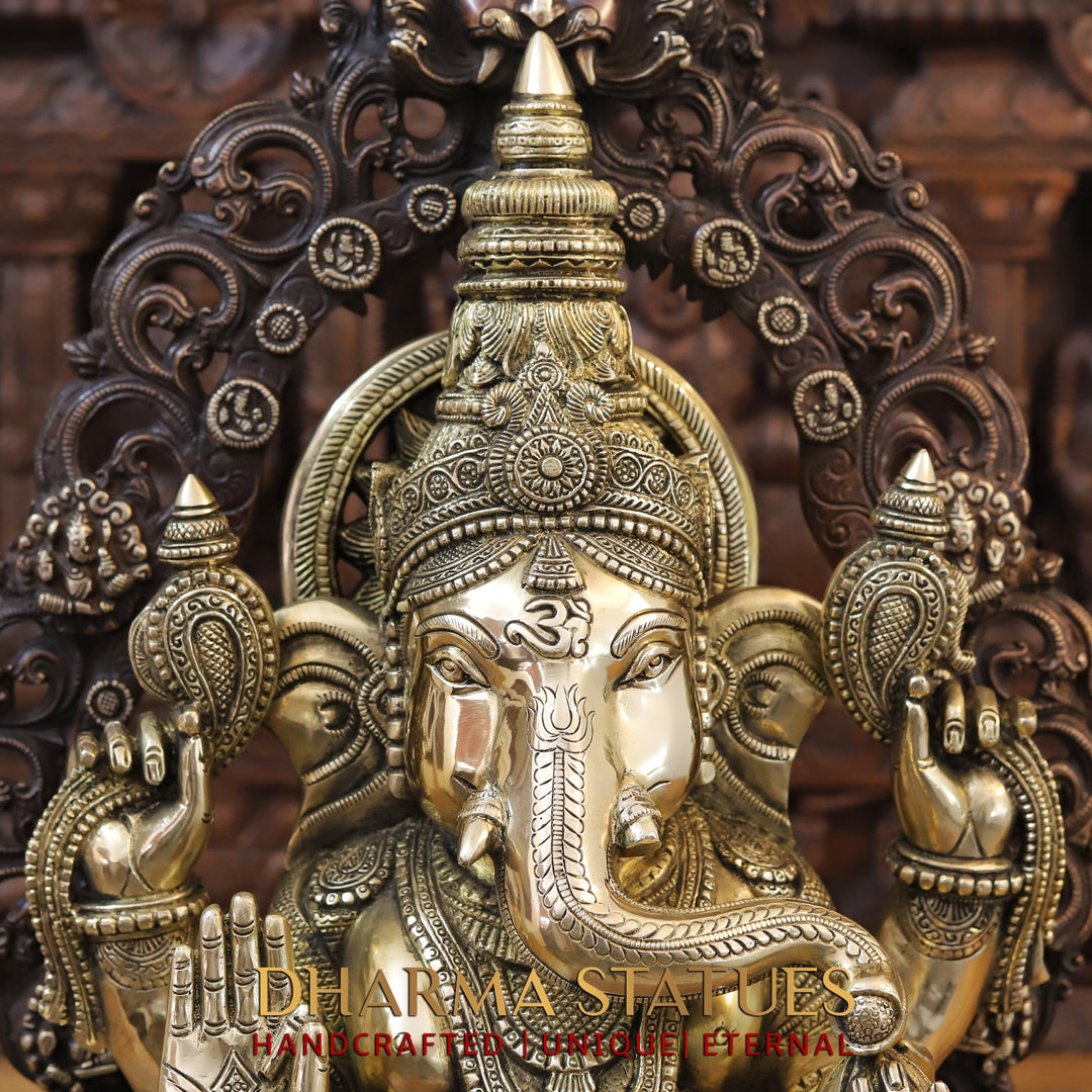 Brass Ganesh Seated With Prabhaval, Depicting Suya on the back, Double tone Finish 23.5"