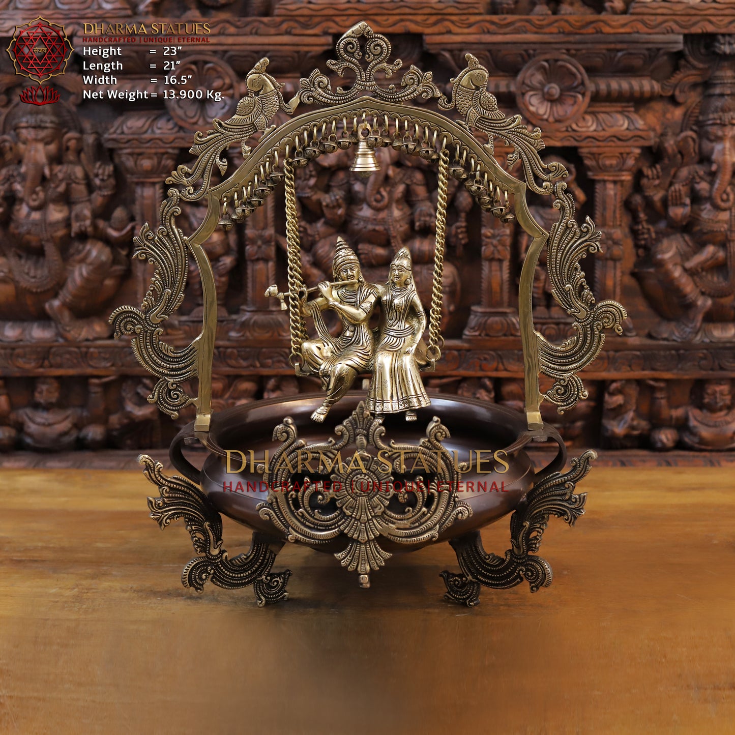 Brass Radhe Krishna Statue with Peacock Urli, Copper & Gold Finish, 23"