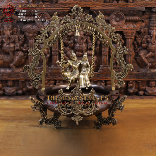 Brass Radhe Krishna Statue with Peacock Urli, Copper & Gold Finish, 23"