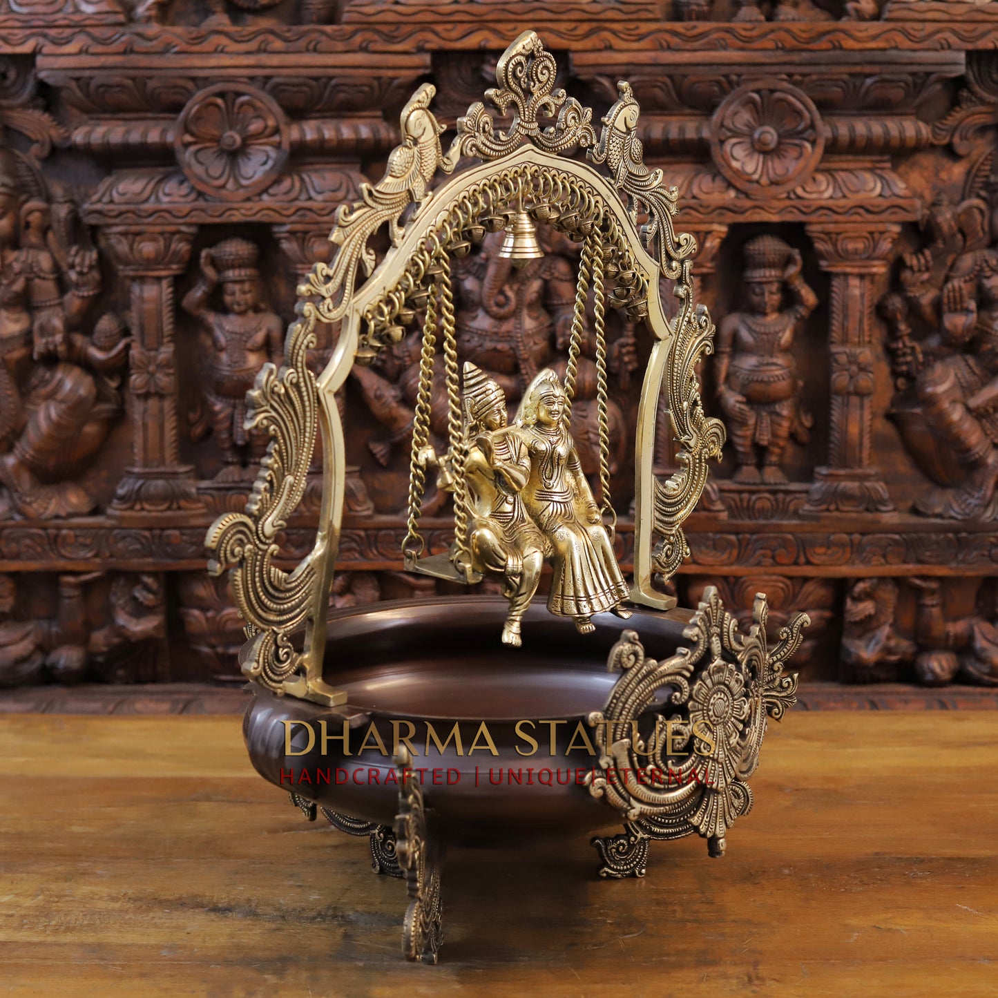 Brass Radhe Krishna Statue with Peacock Urli, Copper & Gold Finish, 23"