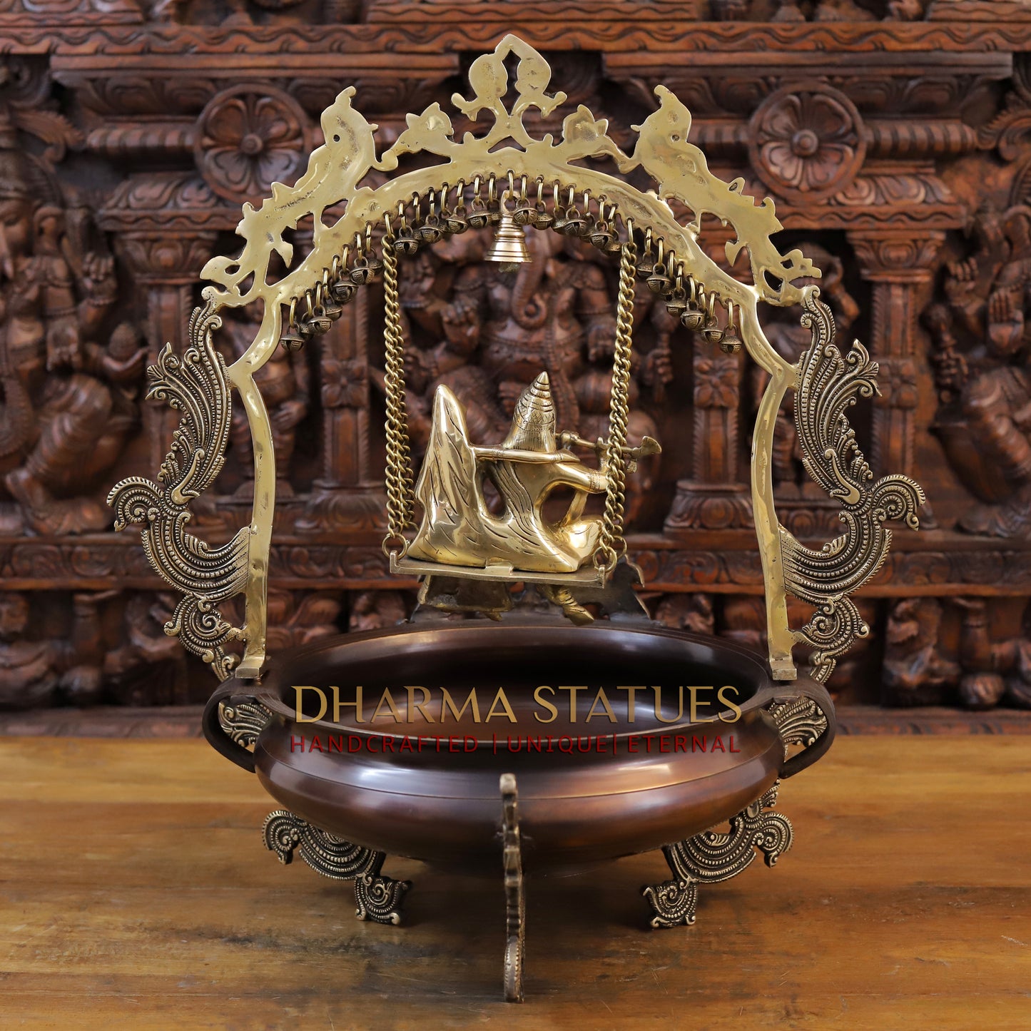 Brass Radhe Krishna Statue with Peacock Urli, Copper & Gold Finish, 23"