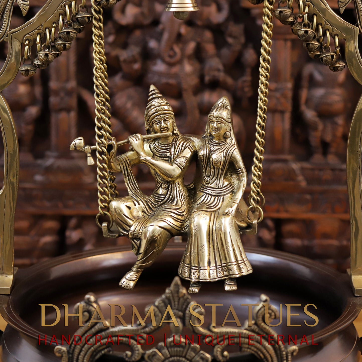 Brass Radhe Krishna Statue with Peacock Urli, Copper & Gold Finish, 23"