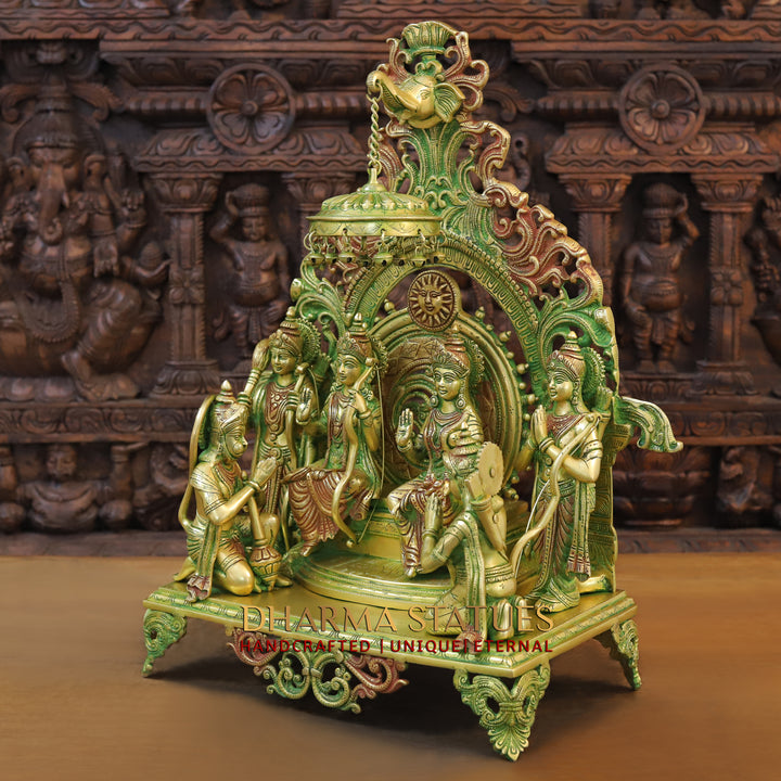 Brass Lord Ram Darbar with Sita and Devotees, Divine Family, Green Patina Finish with Red Accents 23"