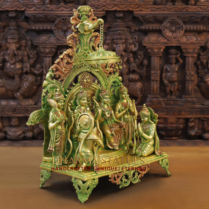 Brass Lord Ram Darbar with Sita and Devotees, Divine Family, Green Patina Finish with Red Accents 23"