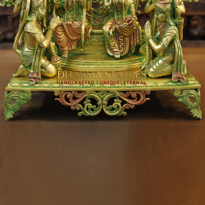 Brass Lord Ram Darbar with Sita and Devotees, Divine Family, Green Patina Finish with Red Accents 23"