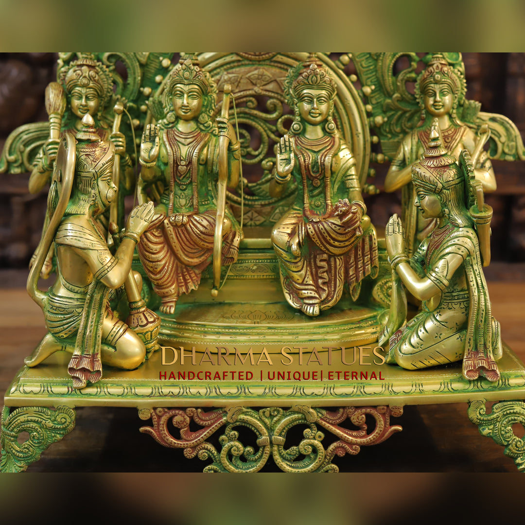 Brass Lord Ram Darbar with Sita and Devotees, Divine Family, Green Patina Finish with Red Accents 23"