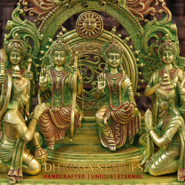 Brass Lord Ram Darbar with Sita and Devotees, Divine Family, Green Patina Finish with Red Accents 23"