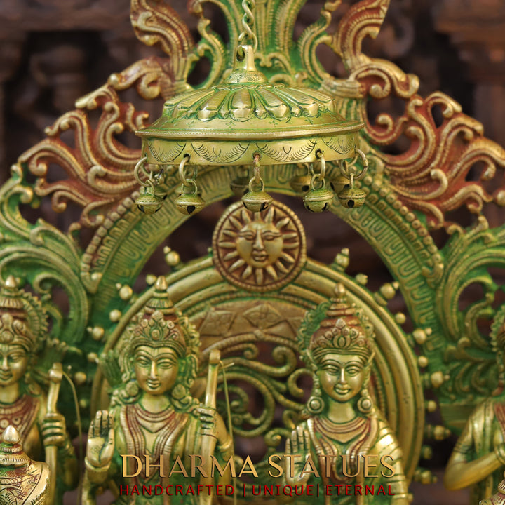 Brass Lord Ram Darbar with Sita and Devotees, Divine Family, Green Patina Finish with Red Accents 23"