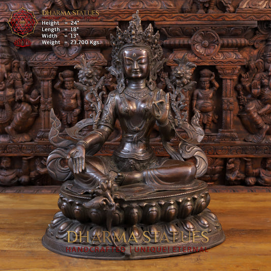 Brass Tara Devi Statue, Seated on a Lotus, Brown Finish 24"
