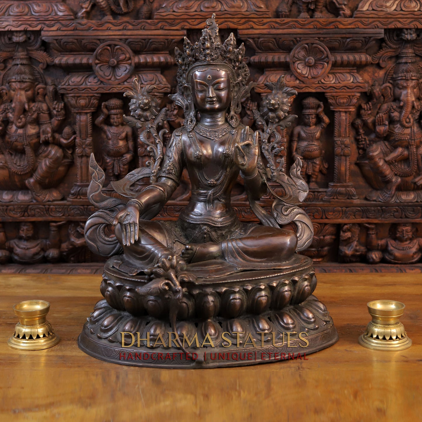 Brass Tara Devi Statue, Seated on a Lotus, Brown Finish 24"