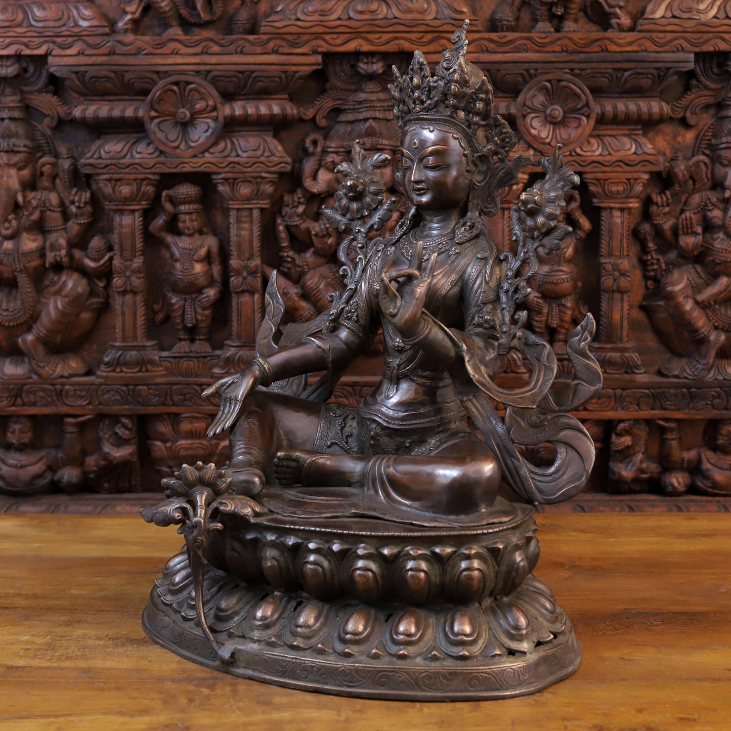 Brass Tara Devi Statue, Seated on a Lotus, Brown Finish 24"