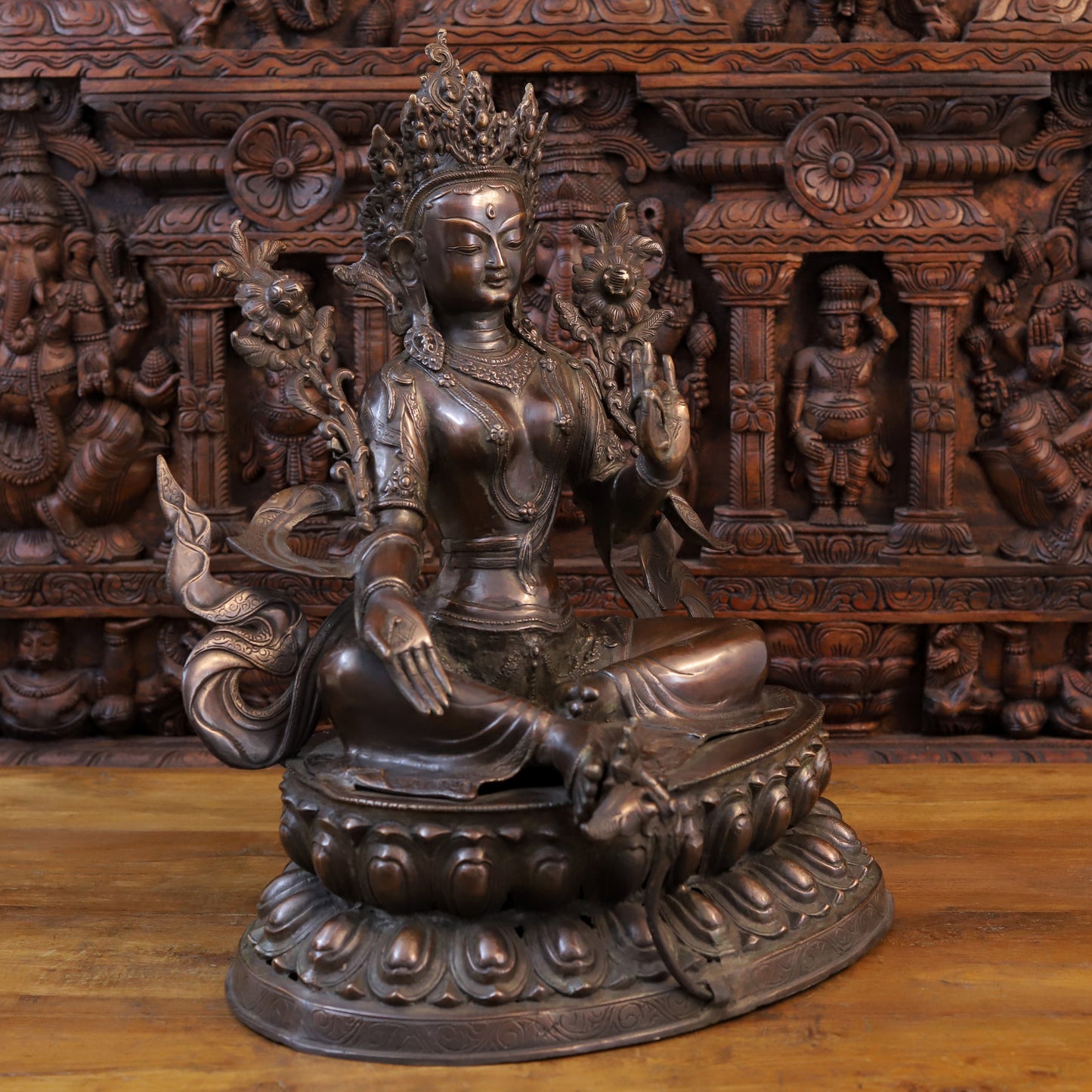 Brass Tara Devi Statue, Seated on a Lotus, Brown Finish 24"