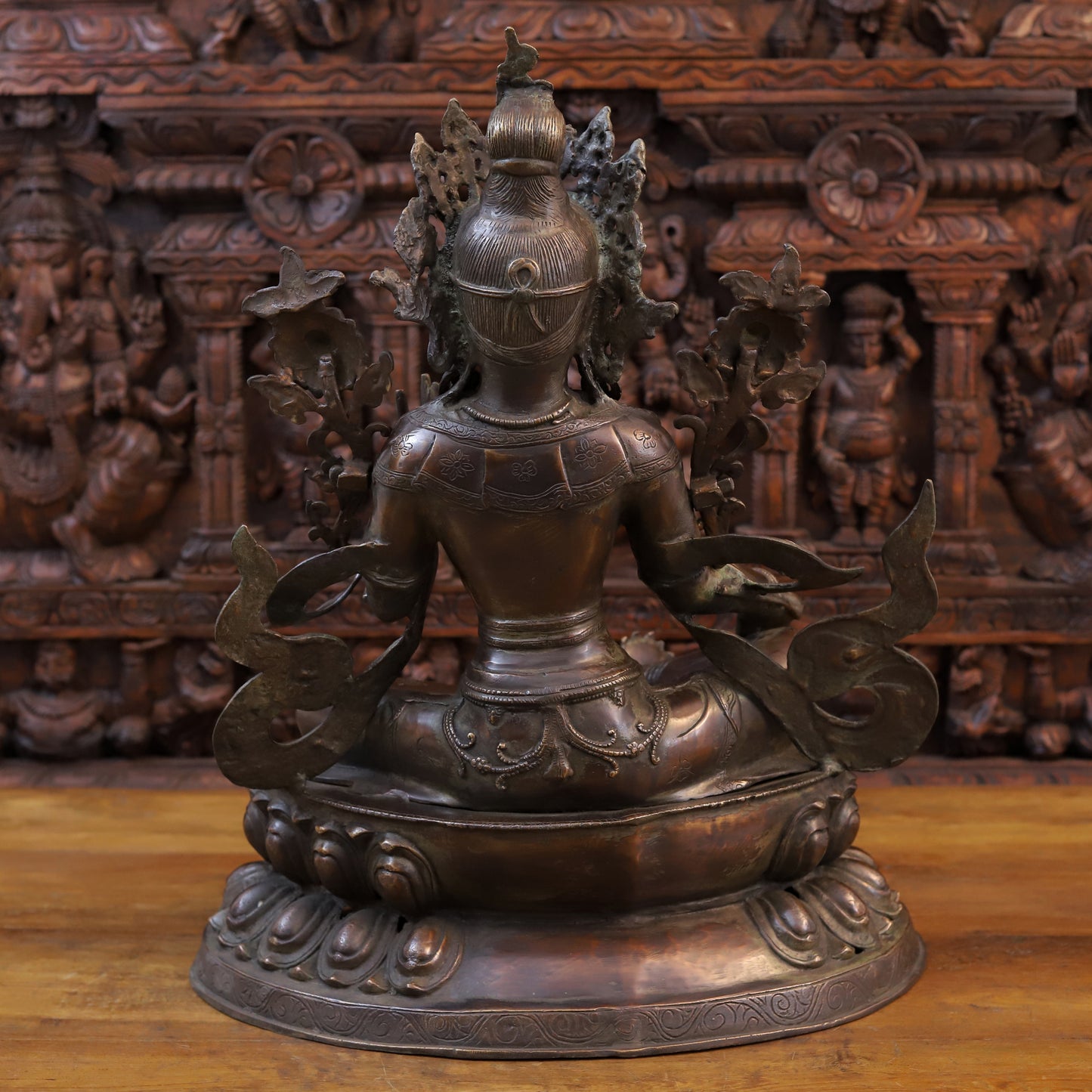 Brass Tara Devi Statue, Seated on a Lotus, Brown Finish 24"