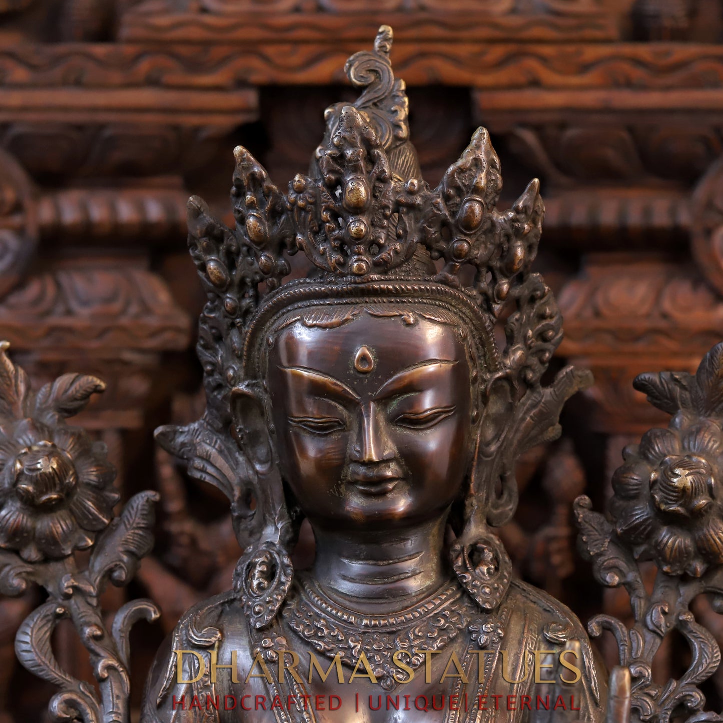 Brass Tara Devi Statue, Seated on a Lotus, Brown Finish 24"