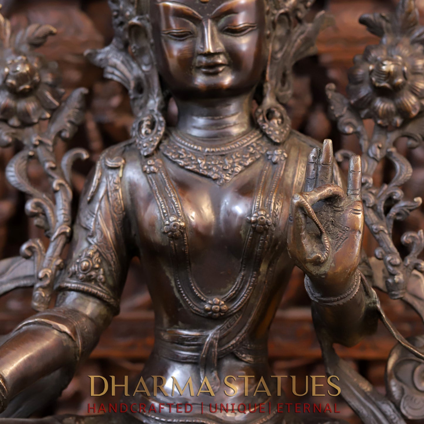 Brass Tara Devi Statue, Seated on a Lotus, Brown Finish 24"