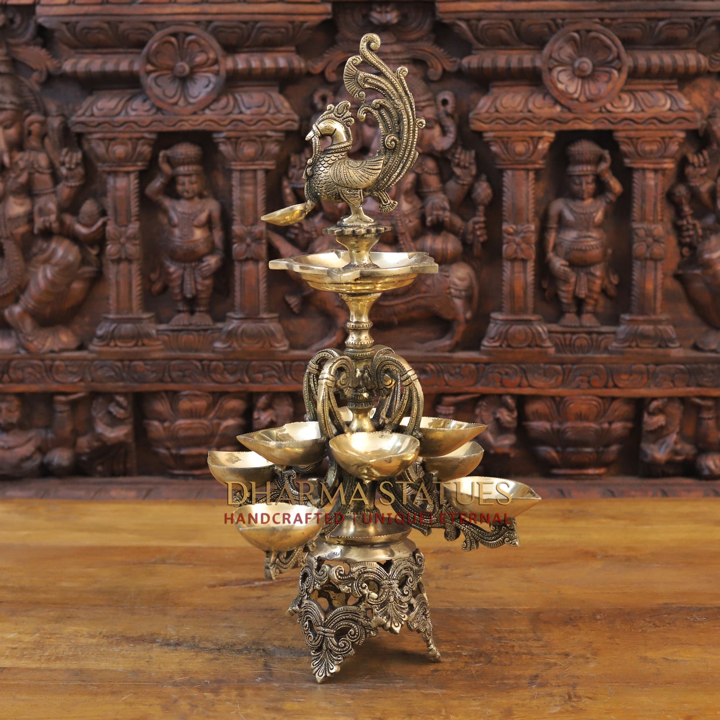 Brass Oil Lamp with Peacock, Fine Golden Finish, 22"