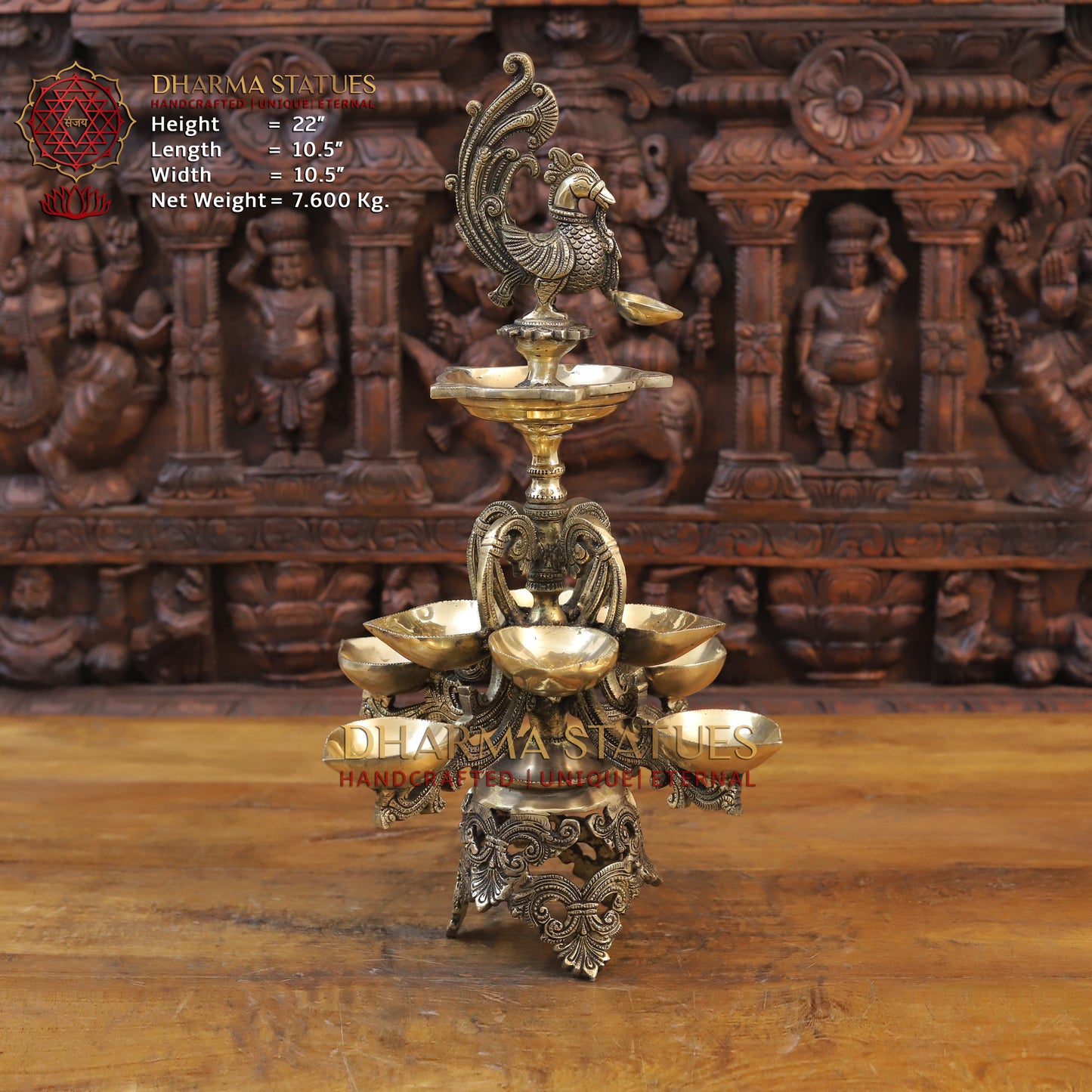 Brass Oil Lamp with Peacock, Fine Golden Finish, 22"