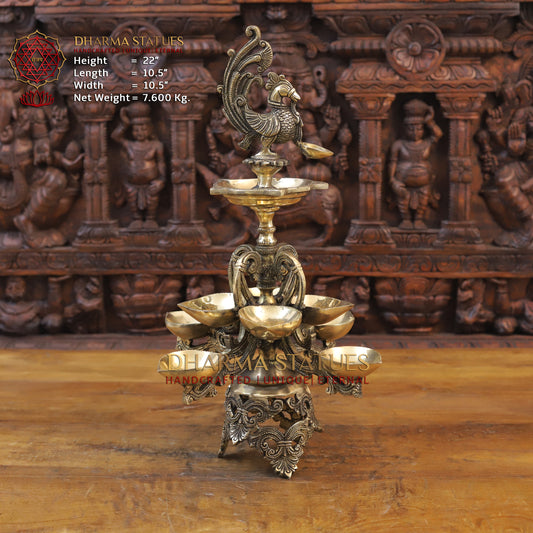 Brass Oil Lamp with Peacock, Fine Golden Finish, 22"