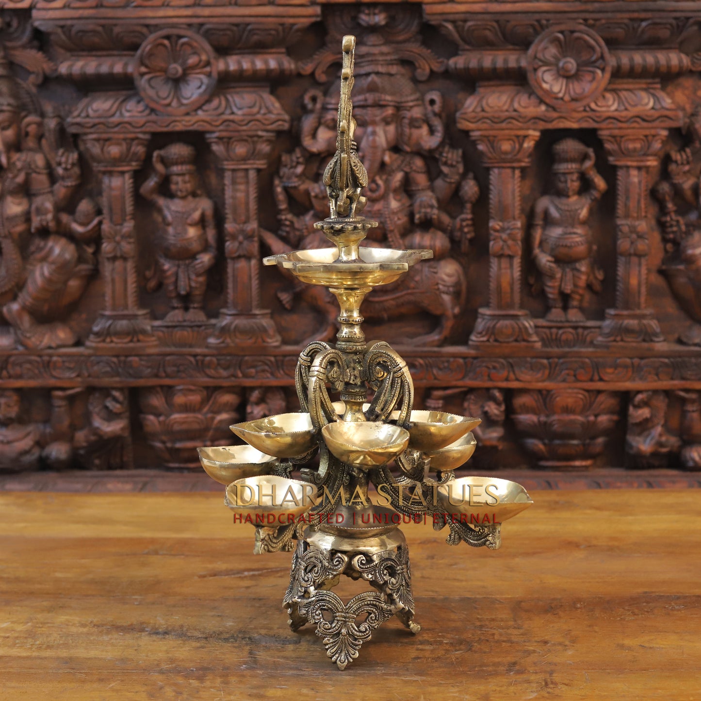 Brass Oil Lamp with Peacock, Fine Golden Finish, 22"