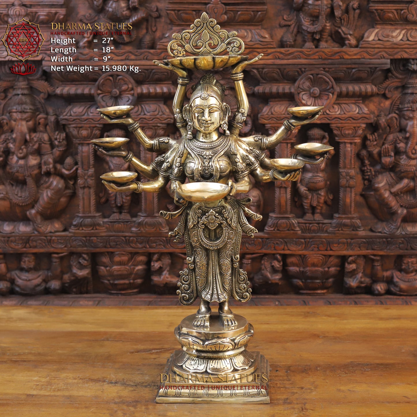 Brass Lakshmi Statue Holding Diya , Fine Gold Finish, 27"